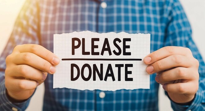 Man in Plaid Shirt Holding "Please Donate" Sign - Charity and Fundraising Concept