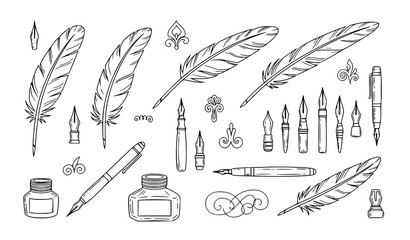 Classic feather pen vector doodle set hand-sketched quill and ink icon collection © Lipi