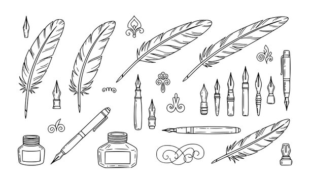 Classic feather pen vector doodle set hand-sketched quill and ink icon collection
