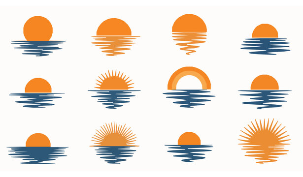 Abstract sun silhouettes vector set sunset reflection on water minimalist icons