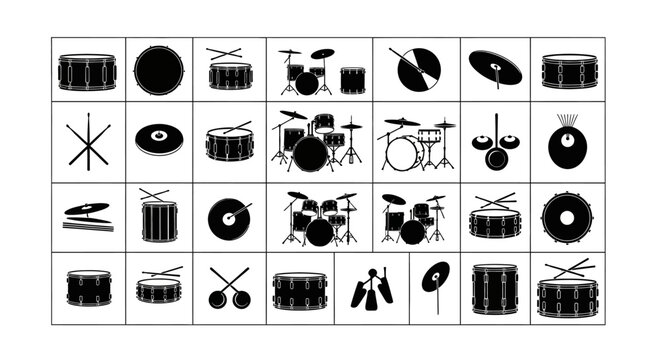 Drum set icons black and white musical instruments cymbals bass drum snare drum toms drumsticks music symbols