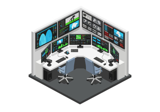 Modern control room with multiple monitors and workstations from an isometric perspective