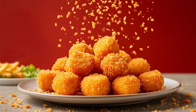 Golden-brown crispy fried cheese balls piled on a plate with crumbs falling, vibrant red background. Perfect for food blogs, menus, or social media. Gourmet snack, appetizing texture