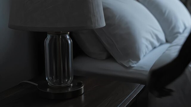 Close up of person hand turning off bedside lamp on wooden nightstand before sleep