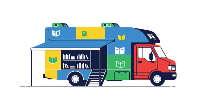 Colorful mobile library vehicle with books and a service window
