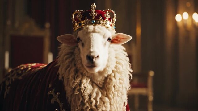 Regal Sheep Wearing Crown on Throne in Luxurious Chamber