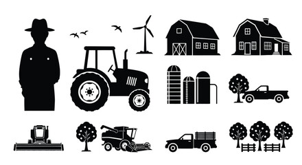 Black silhouette icons depict a rural farming scene with buildings and equipment © msunny93