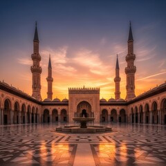 Mosque Courtyard at Sunset with Minarets.