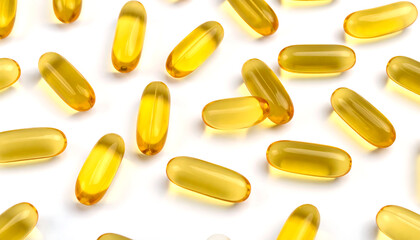 Golden capsules scattered on white. Gels filled with amber liquid. Uniform & translucent