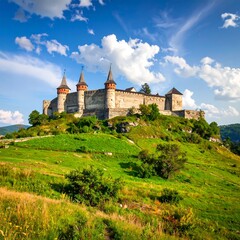Naklejka premium Old stone castle sits atop a grassy hill beneath bright blue skies with puffy white clouds above the green countryside