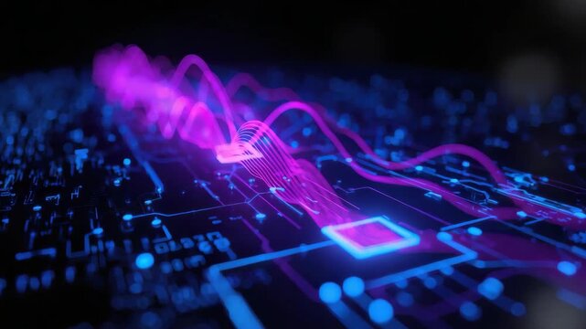 Neon data waveform traveling across glowing circuit board digital energy flow with glowing chip