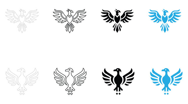 phoenix bird icon vector set, small bird phoenix icon symbol vector, silhouette and line art illustration