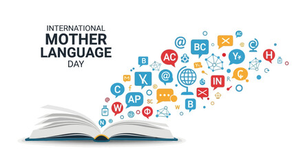 Illustration of International Mother Language Day with an open book and colorful language symbols emerging from the pages, representing linguistic diversity and preservation of mother © Mukhamad