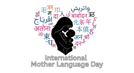 Vector illustration of mother and child surrounded by colorful text in various languages for International Mother Language Day