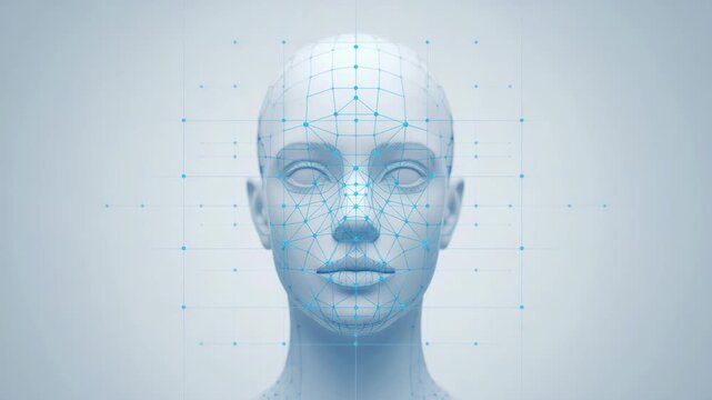 Abstract facial recognition wireframe mesh human head model conveying biometric recognition
