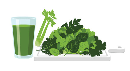 Fresh green juice with celery lettuce and kale ingredients displayed © msunny93