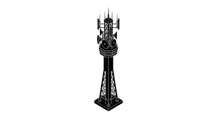 Detailed black and white illustration of a complex communication tower structure