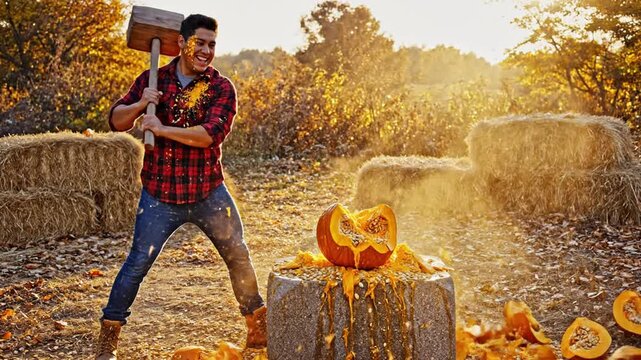 Man preparing to smash pumpkin with sledgehammer in autumn field
