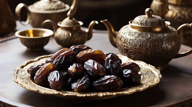 dates on decorative plate with brass tea set in traditional setting