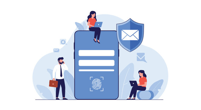 Diverse team managing secure mobile data access on giant smartphone featuring fingerprint scanner and encrypted email message shield.