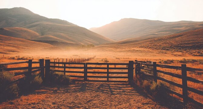 Golden sunrise over a rustic fence