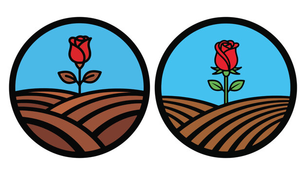 Red rose in tilled field circular icon set