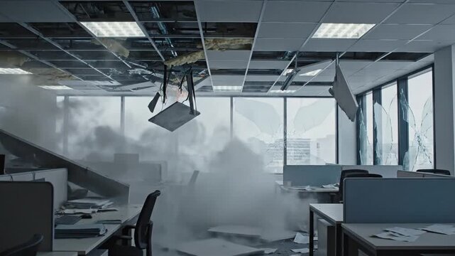 Office Apocalypse: Papers Flying in Collapsed Building after Explosion or Earthquake