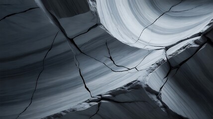Close up abstract texture of cracked grey stone with swirling patterns and deep fissures
