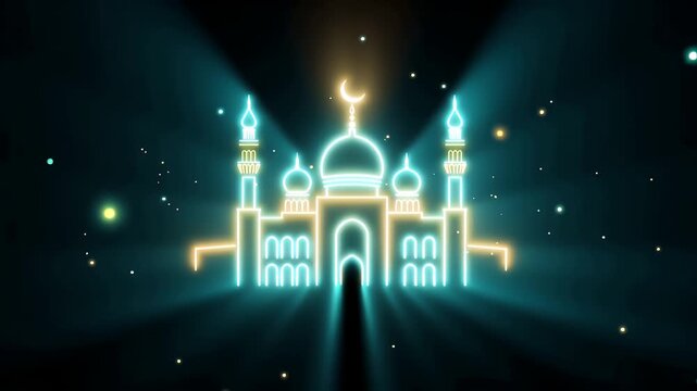 neon mosque skyline at night glowing domes and minarets