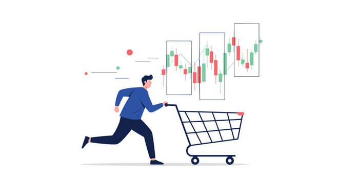 Financial trader running fast with empty shopping cart in front of volatile stock market candlestick charts represents high risk.