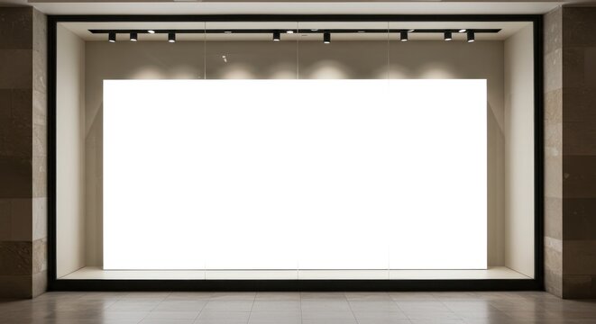 Sleek and well-lit commercial showroom window with a pristine white backdrop, perfect for showcasing new products, visual merchandising, and engaging retail promotions