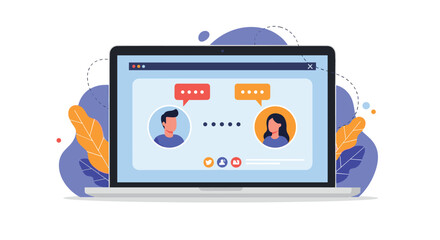 Online video communication on a laptop screen showing a man and a woman in chat circles with various social media icons below.