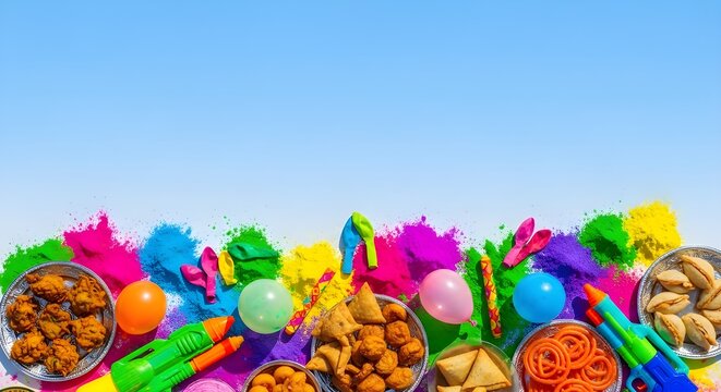 Vibrant Holi festival celebration with colorful powders, water guns, balloons, and traditional Indian snacks against a bright blue sky.