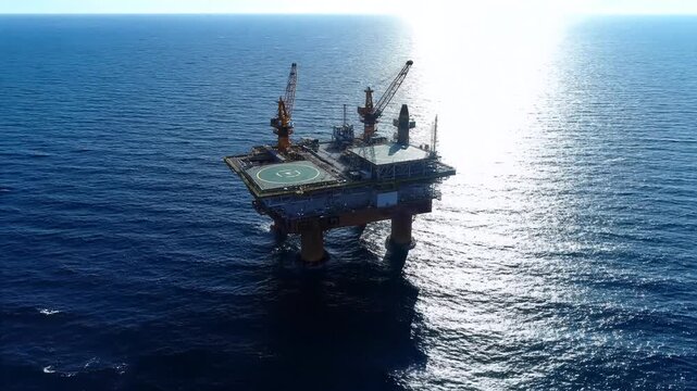 Offshore Oil Rig in the Middle of the Ocean with Sun Reflection on Water.