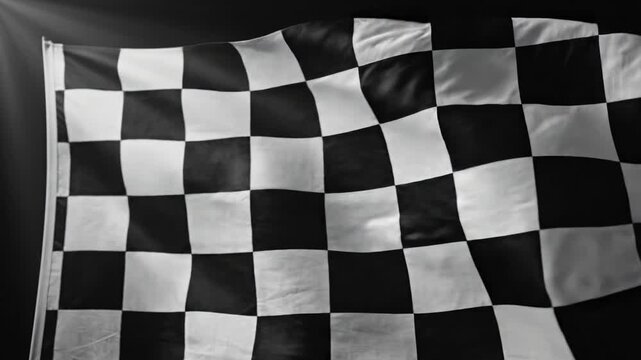 A sweeping cinematic view of a black and white checkered flag billowing in the wind against a dark backdrop, with dramatic light rays illuminating the fabric.