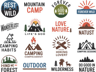 Obraz premium Collection of nature-themed with mountains, trees, and outdoor activities camping