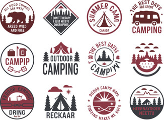 Obraz premium Collection of red and brown camping-themed circular with text and