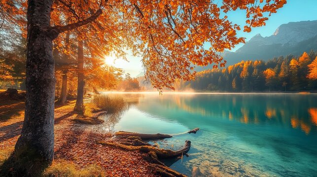 Autumn sunrise over turquoise hintersee lake and forest trees