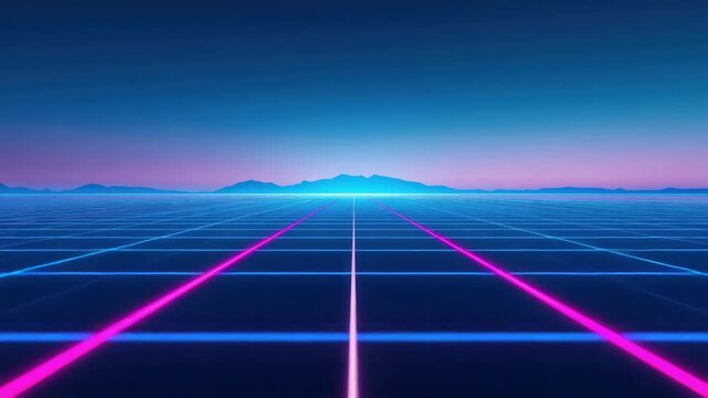 Neon grid horizon retrofuturistic landscape with glowing blue and pink lines distant mountains dusk