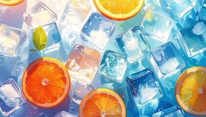 Refreshing mix of orange slices and ice cubes with mint in bright, cool-toned hues