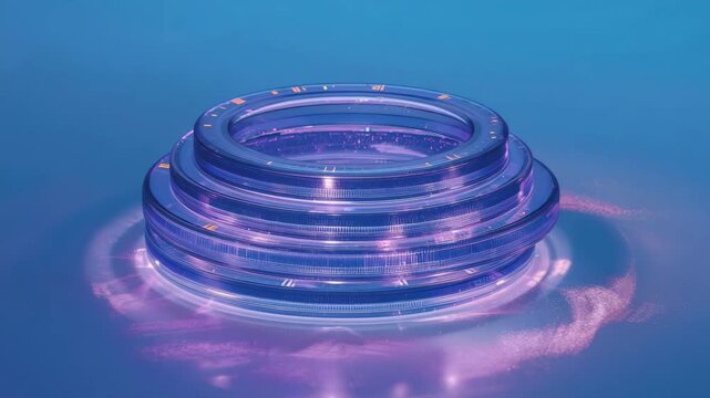 Futuristic translucent glass ring stack glowing purple reflection blue surface with modern tech