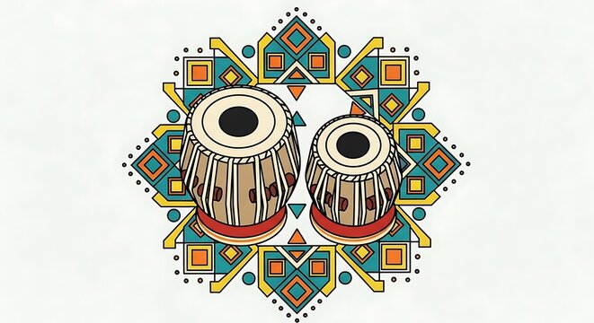 Intricately designed tabla drums surrounded by vibrant cultural patterns in a symmetrical illustration
