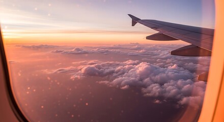 Obraz premium Aerial View of Clouds from Airplane Window at Sunset.
