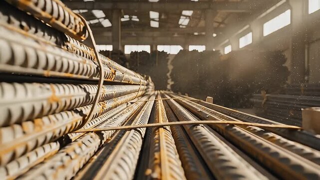 Video of Long Timber Rails Stacks in an Industrial Warehouse.