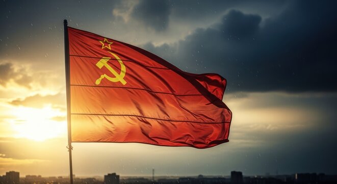Dramatic soviet union flag against a stormy skyline at sunset offering symbolic contrast