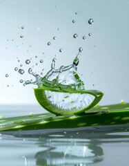 Water splashing on sliced green aloe vera leaf