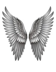 Fototapeta premium Symmetrical, open, detailed, feathered wings in shades of gray and white, fanning upward against a white background