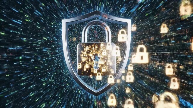 Cyber shield with radiating data streams and multiple padlocks