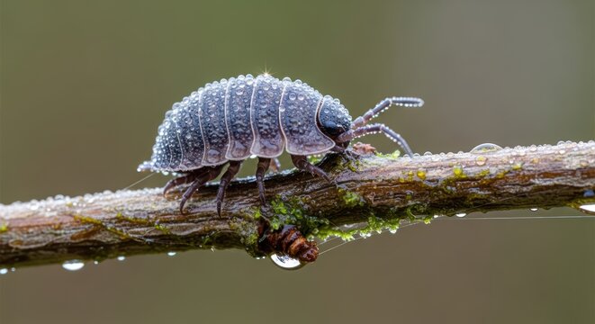 Moisture-laden woodlouse navigates a damp twig, exhibiting resilience in nature's embrace