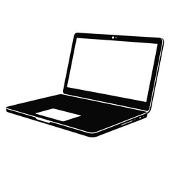 Fototapeta premium Black silhouette of open laptop computer with blank screen on transparent background vector illustration for technology and digital device concepts